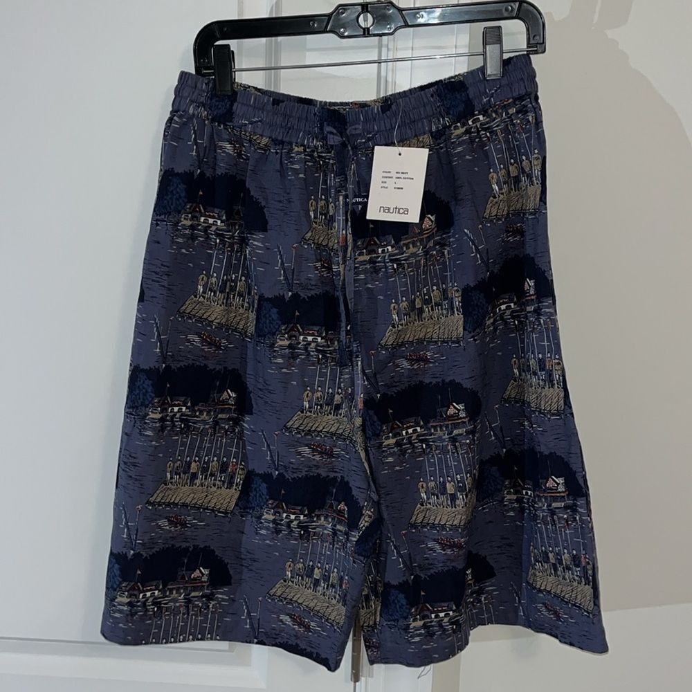 New Nautica Retro Style Lounge Casual Shorts L Rowing Crew Row Team Print L NWT